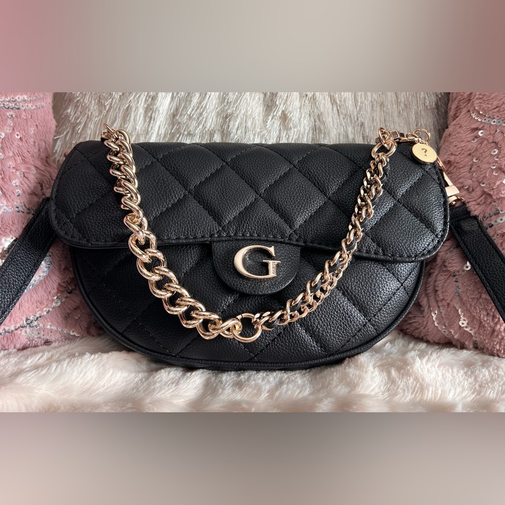 GUESS Gillian Quilted Messenger Bag with Gold Chain